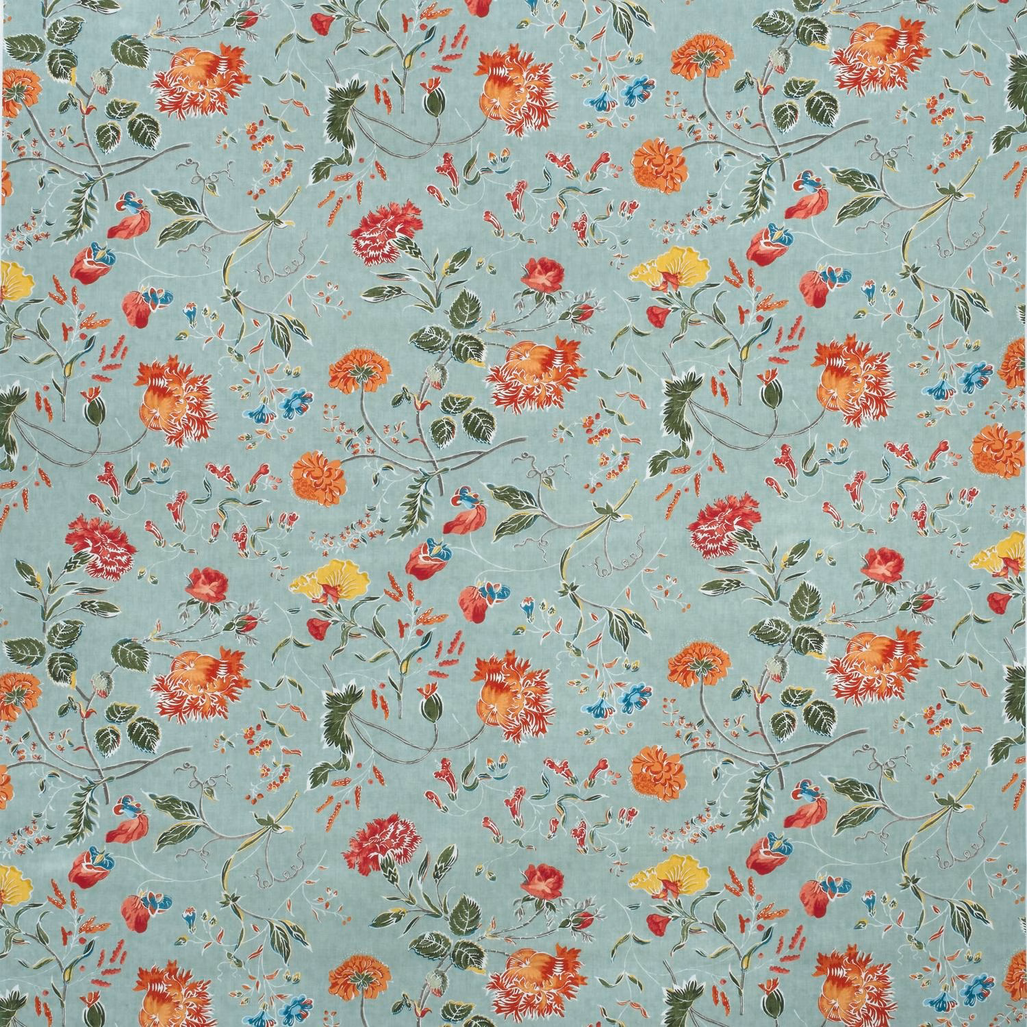 Pale duck-egg floral fabric with coral, red, yellow blooms and leafy green stems