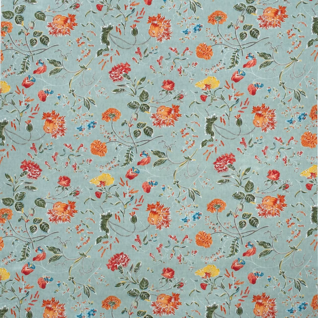 Pale duck-egg floral fabric with coral, red, yellow blooms and leafy green stems