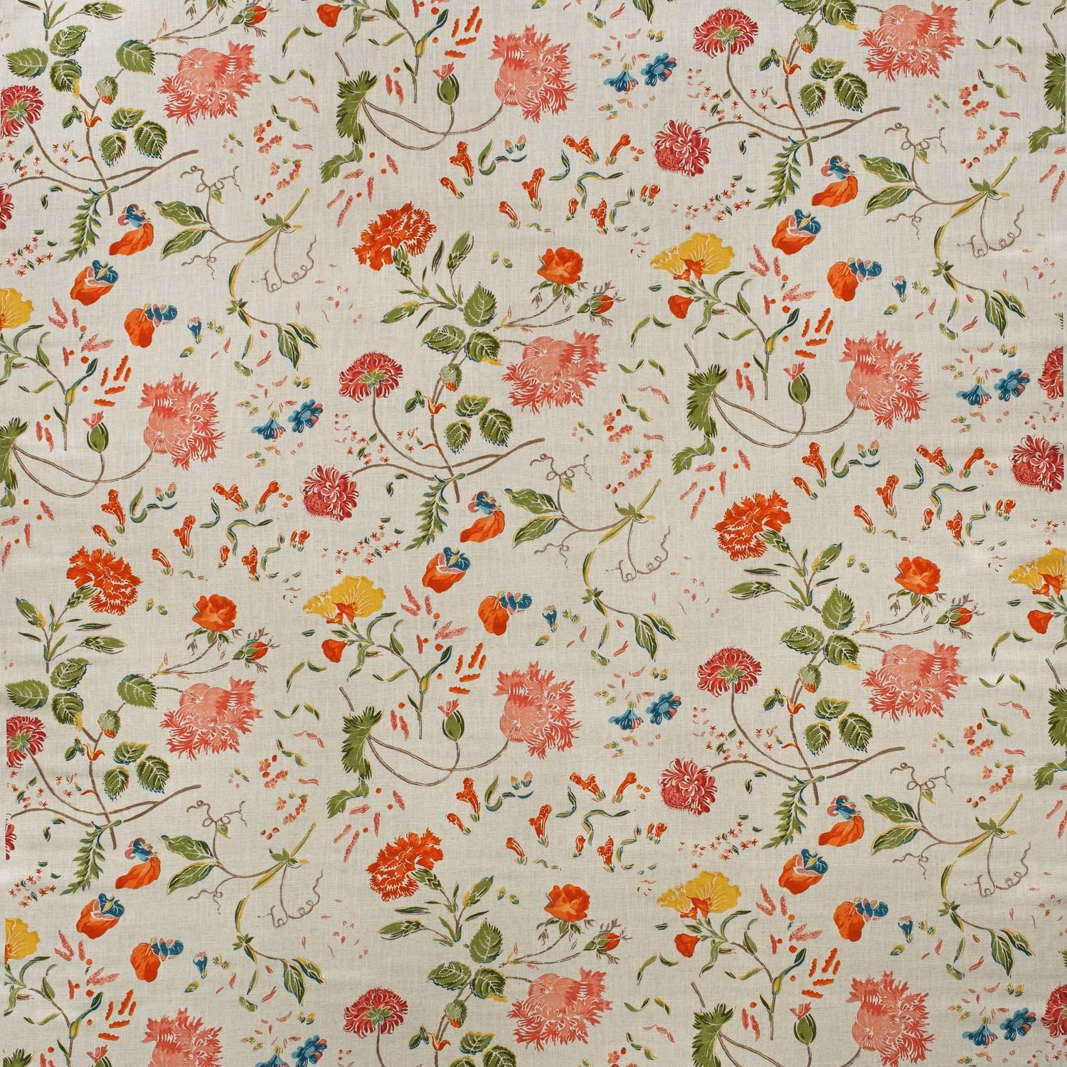 Warm ivory botanical print with coral flowers, green leaves and tiny blue birds