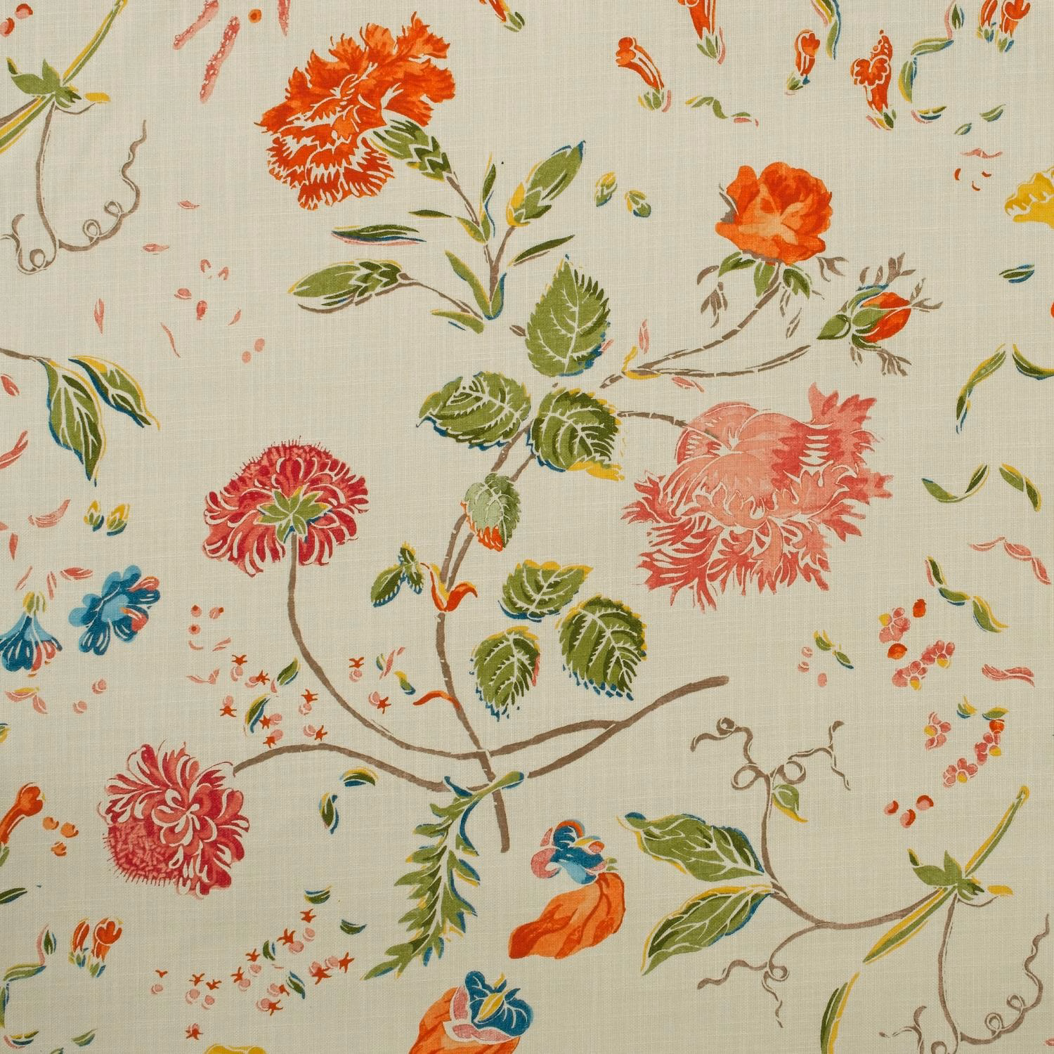 Ivory woven outdoor fabric with coral flowers, green leaves and blue botanical accents