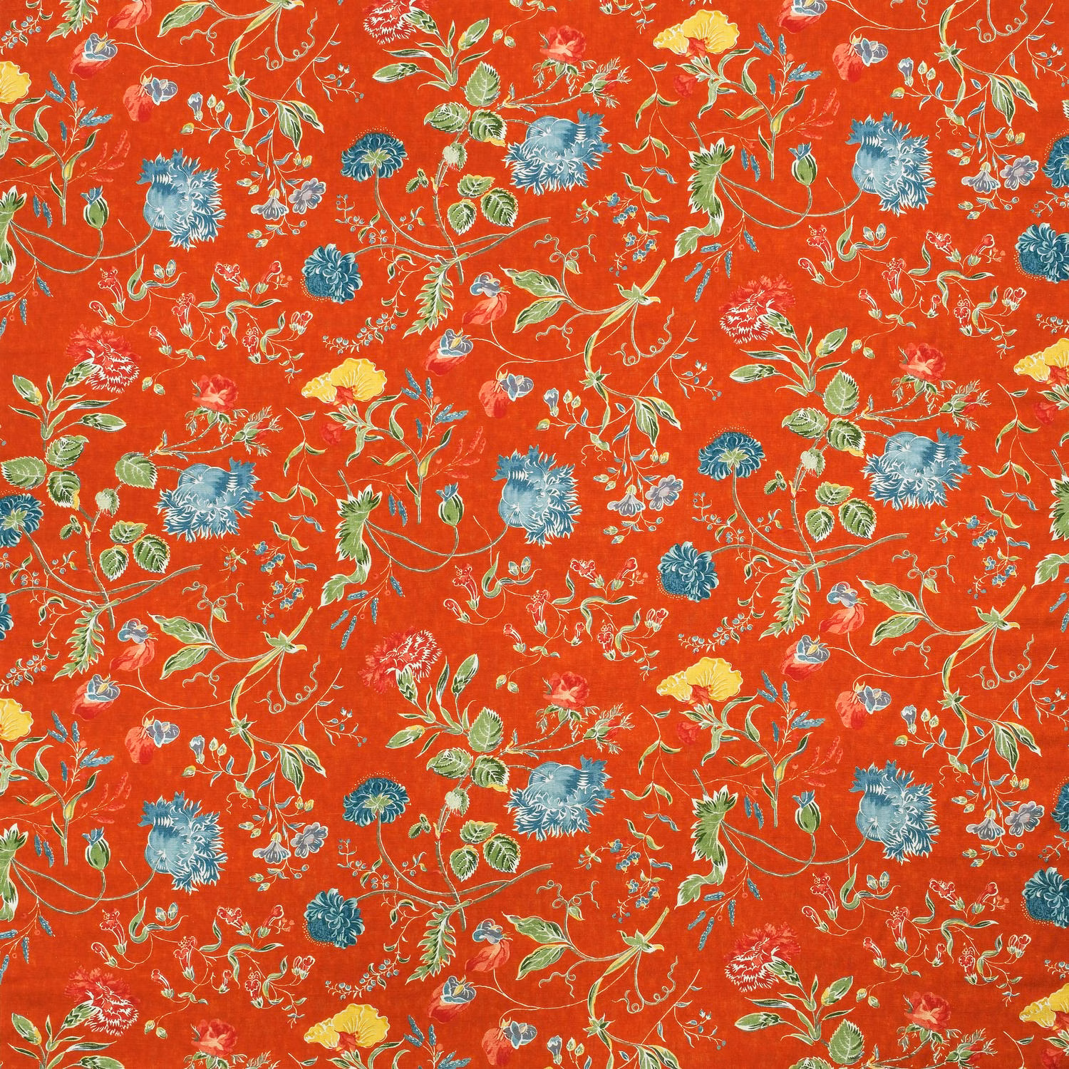 Pumpkin-red botanical print with blue flowers, green leaves and curling cream stems