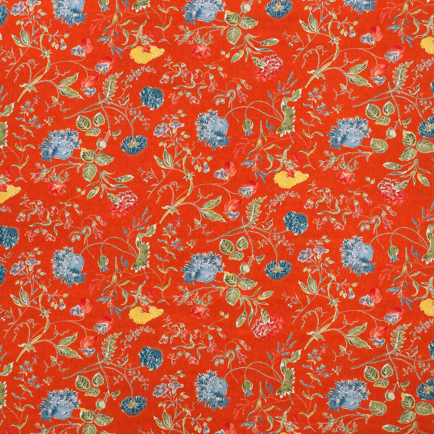 Pumpkin-red floral fabric with blue blooms, green foliage and fine yellow botanical stems
