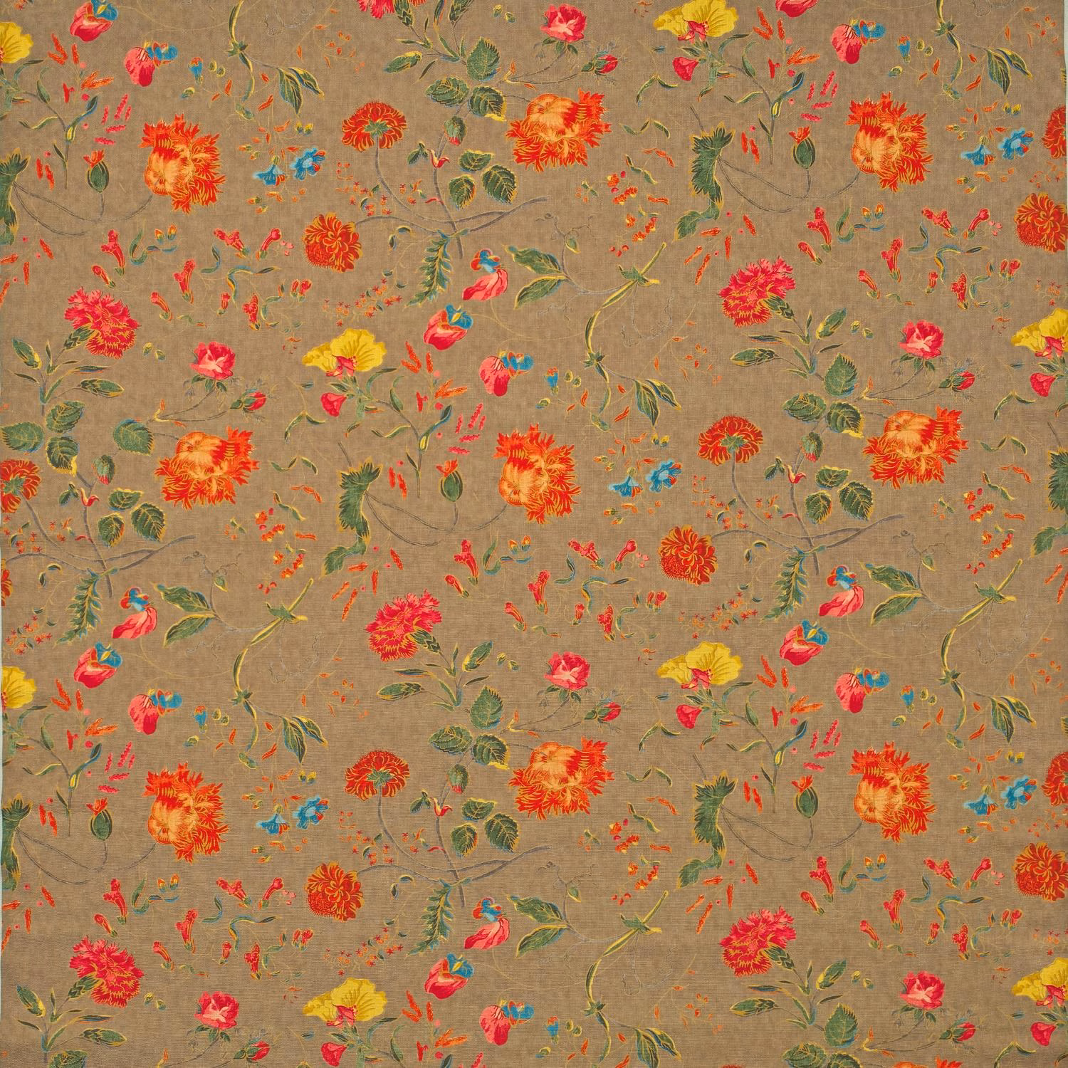 Taupe-brown floral linen print with vivid red, orange, yellow and turquoise blooms
