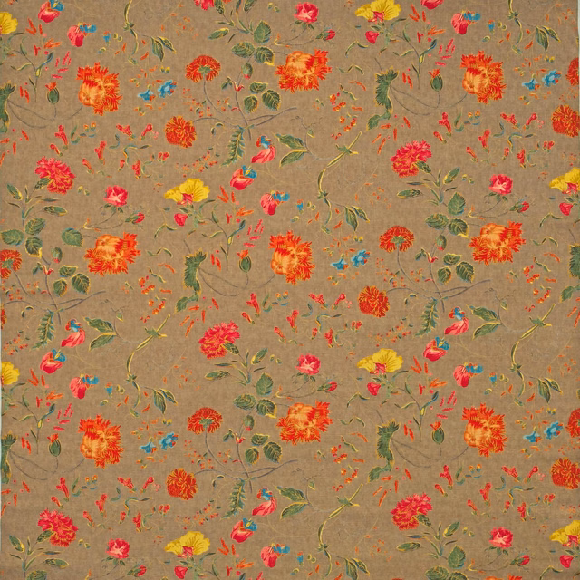 Taupe-brown floral linen print with vivid red, orange, yellow and turquoise blooms