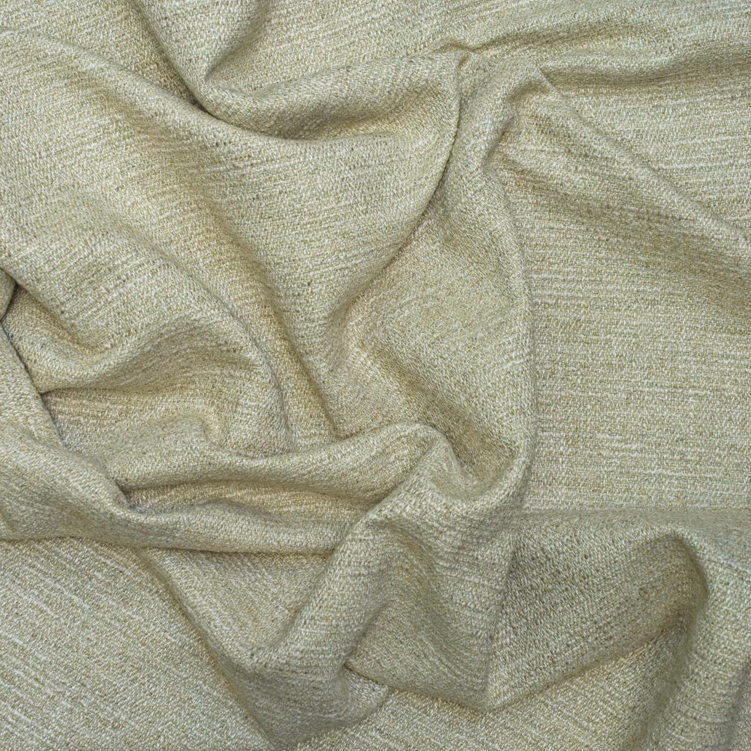 Muted moss-green plain weave gathered into softly shadowed folds