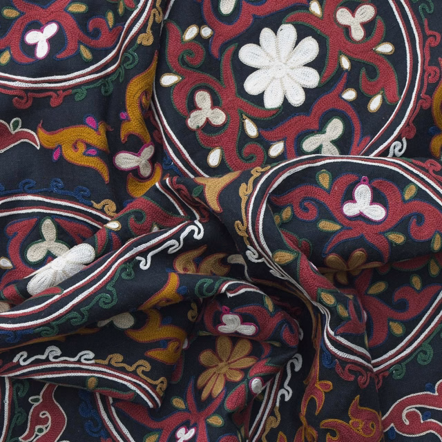 Ember-red paisley and cream flowers on a folded navy patterned textile