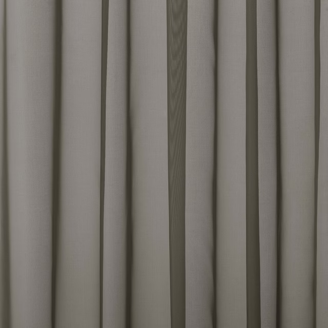 Soft taupe-grey plain curtain fabric shown in vertical folds