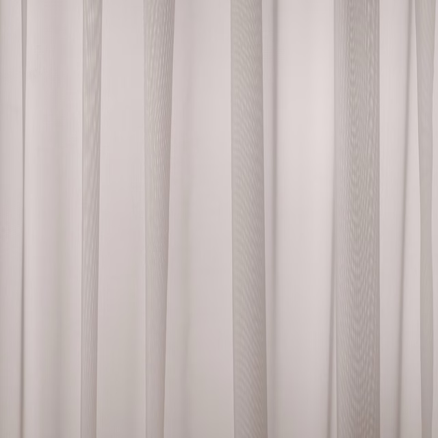 Soft oyster cream sheer curtain fabric with fine vertical texture and gentle folds