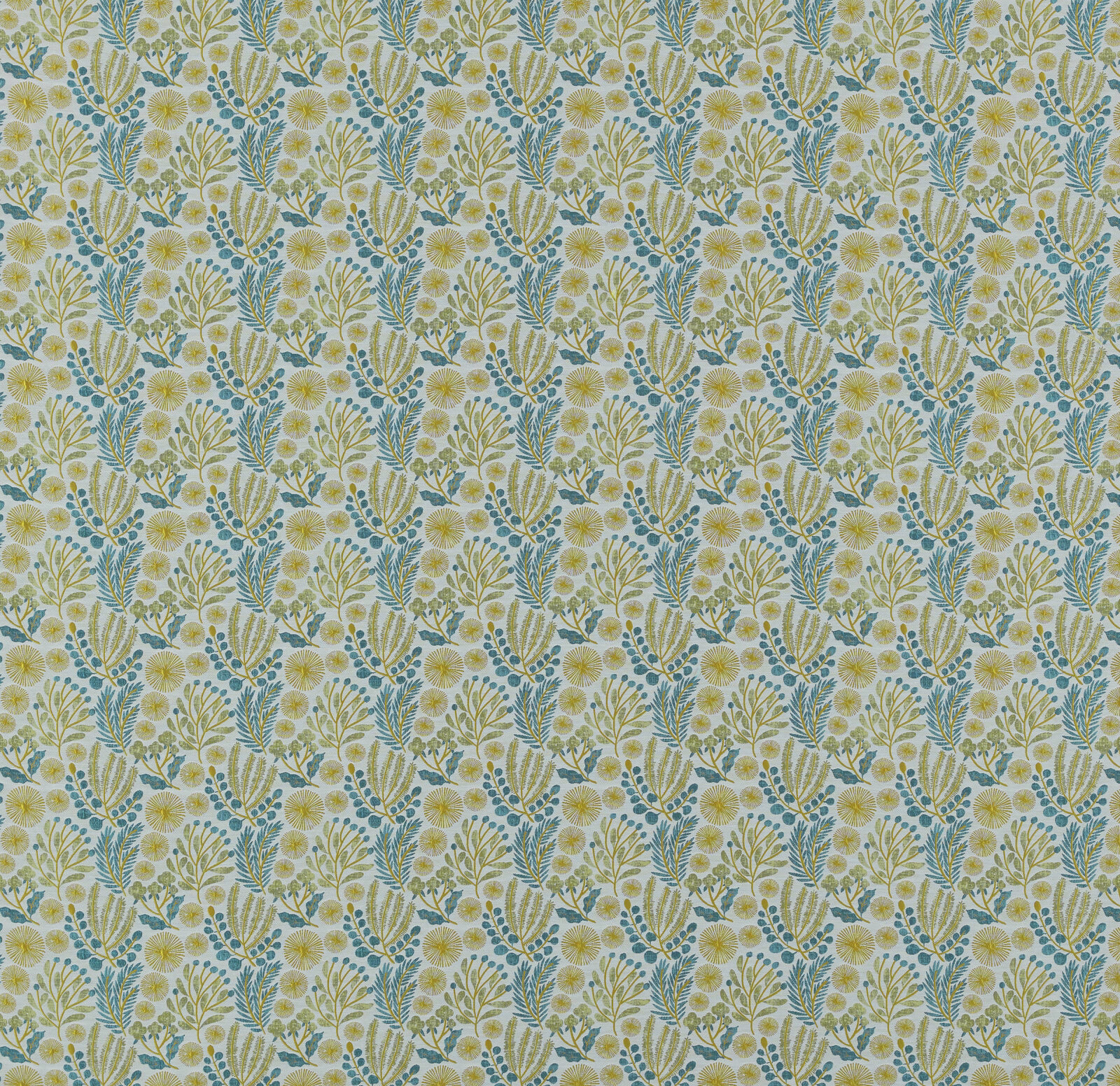 Repeated small botanical print with citrus yellow flowers, teal leaves and pale ground