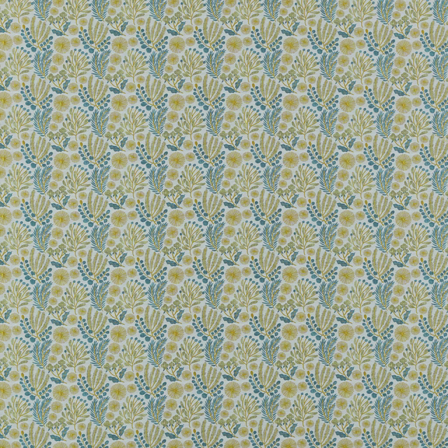 Repeated small botanical print with citrus yellow flowers, teal leaves and pale ground