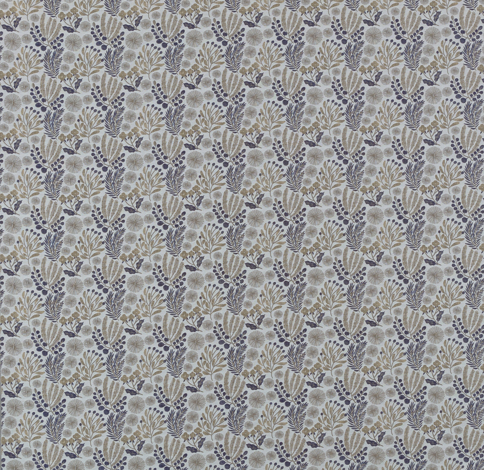Small-scale sage, taupe and ivory botanical print on a pale ground