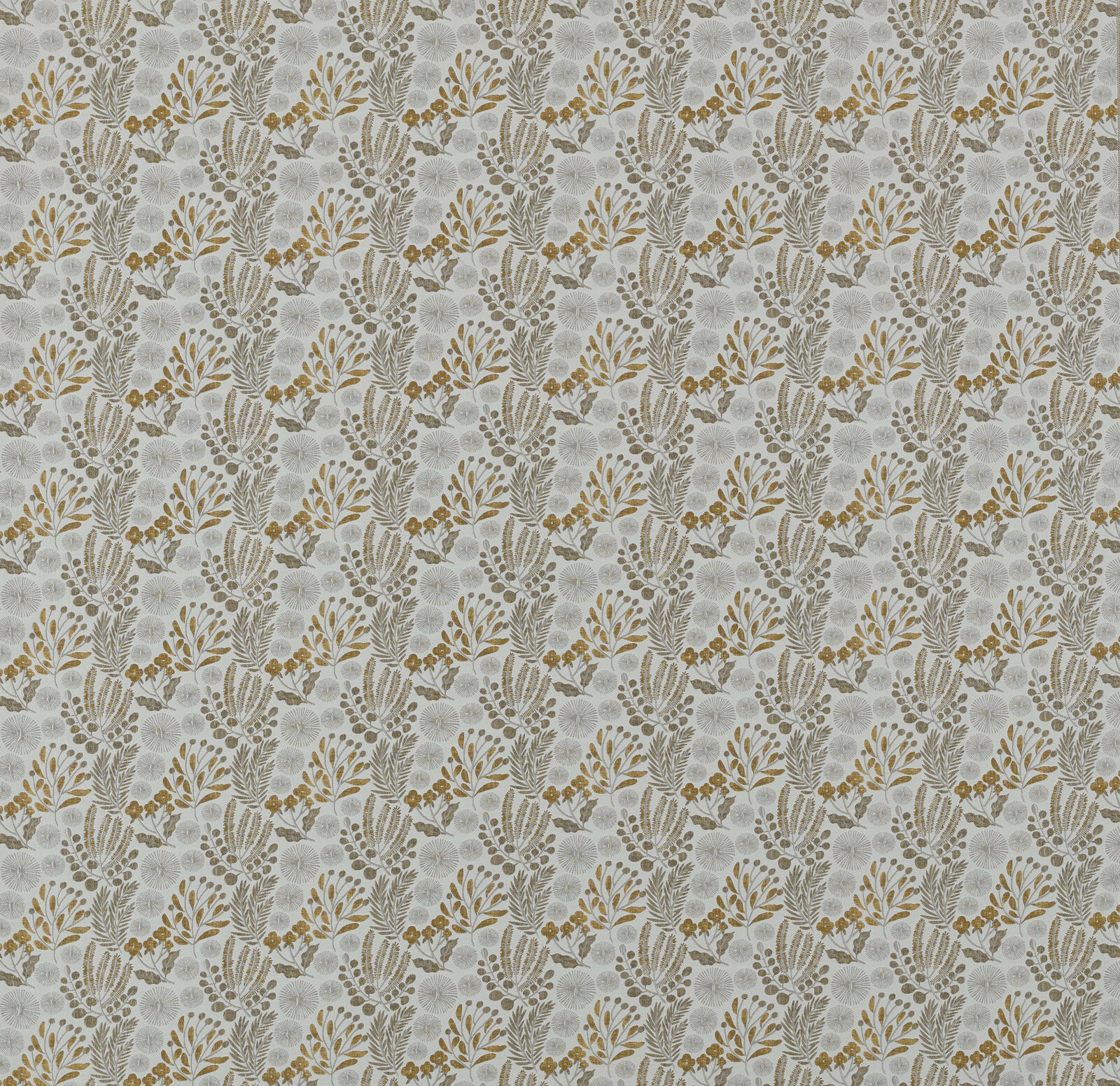 Repeated gold and taupe botanical motif on a pale ground, shown as a fabric swatch