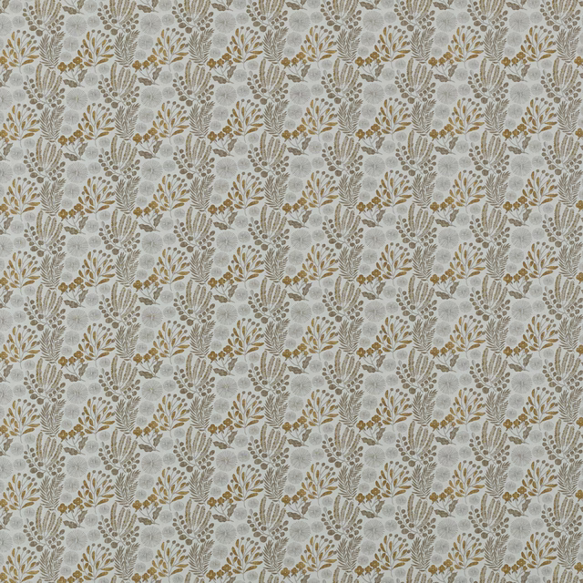 Repeated gold and taupe botanical motif on a pale ground, shown as a fabric swatch