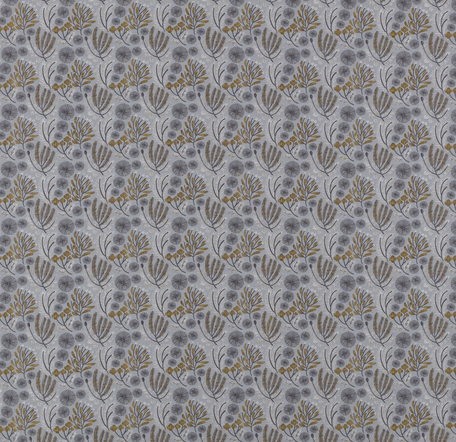 Soft grey botanical fabric with ochre leaf sprays and scrolling stems