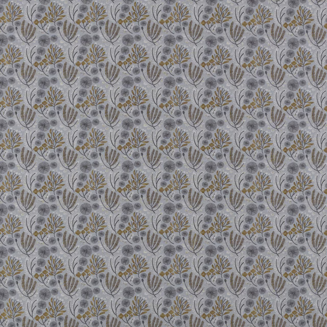 Soft grey botanical fabric with ochre leaf sprays and scrolling stems