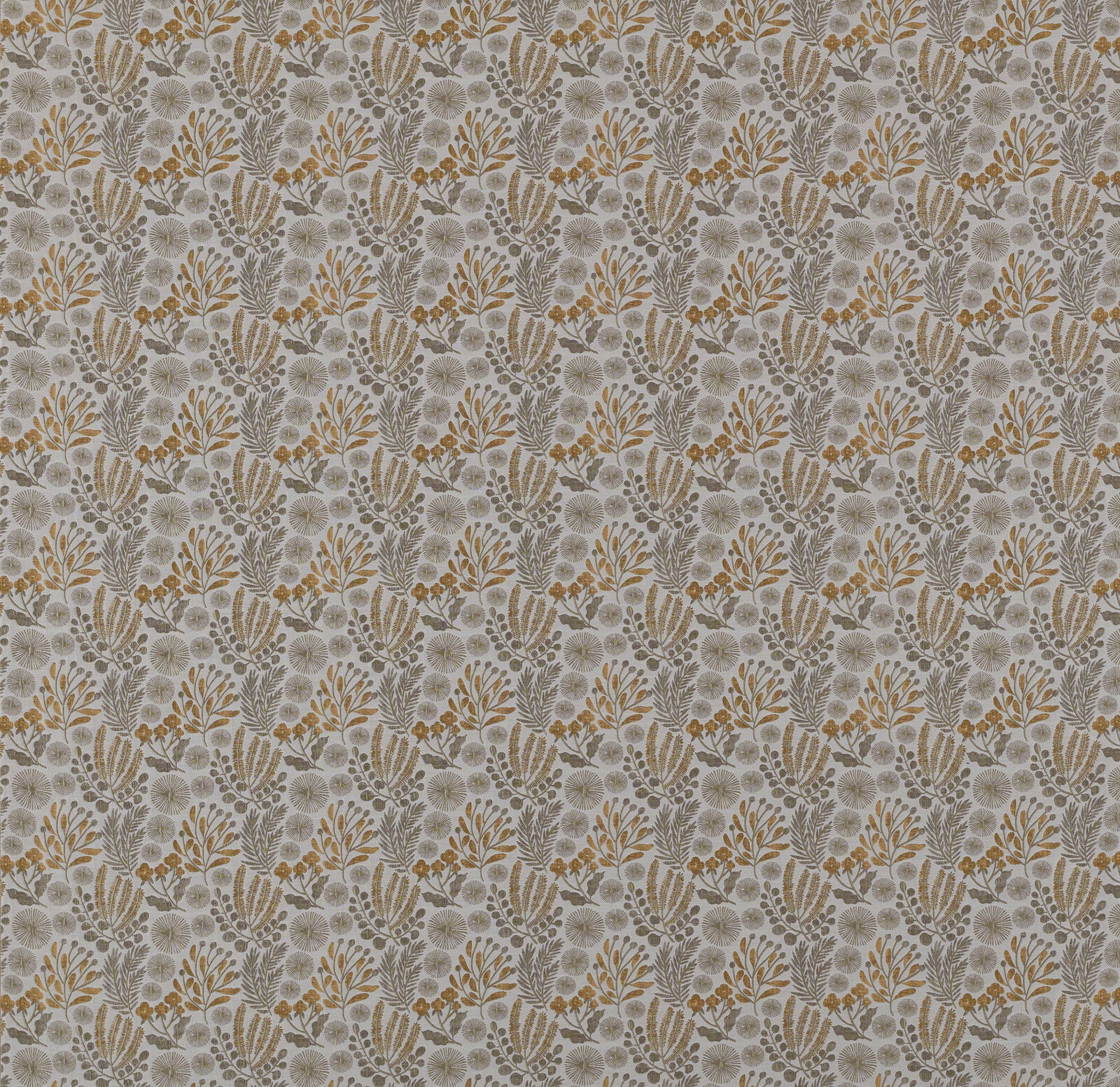 Small botanical floral fabric with saffron gold leaves on a pale neutral ground