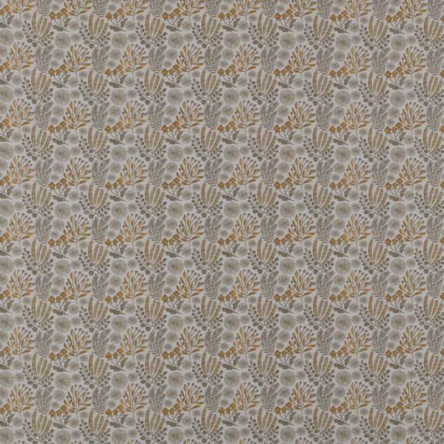 Small botanical floral fabric with saffron gold leaves on a pale neutral ground