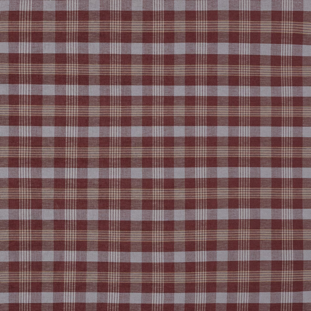 Muted red and cream checked woven fabric with fine plaid lines