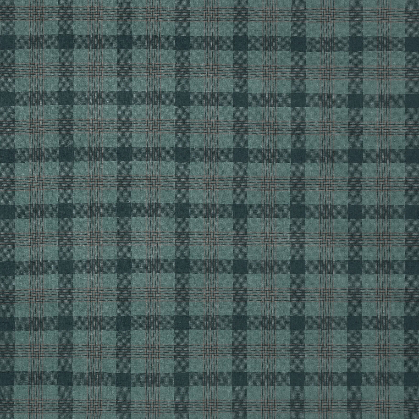 Muted teal checked upholstery fabric with fine red-brown cross lines