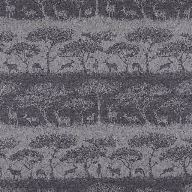 Charcoal grey safari print fabric with deer and trees in layered horizontal bands