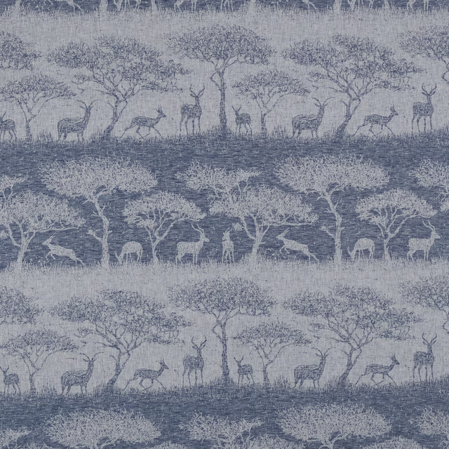 Blue-grey scenic fabric with deer, trees and layered horizontal bands