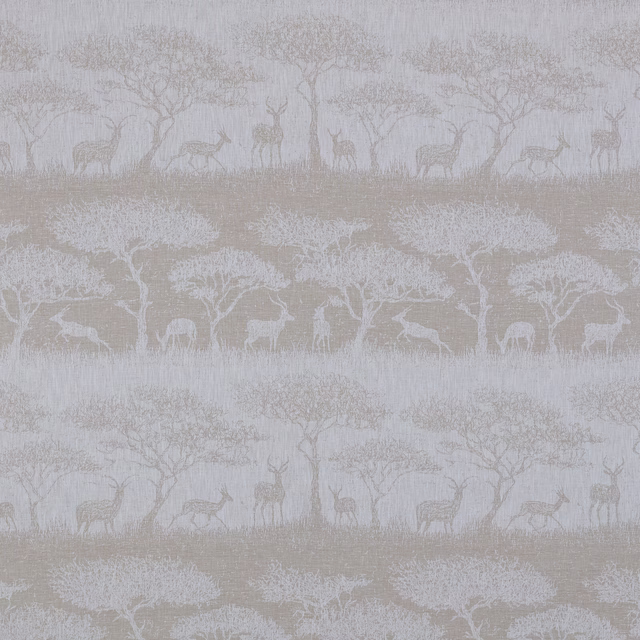 Pale fawn fabric swatch with tonal deer, trees and wildlife bands