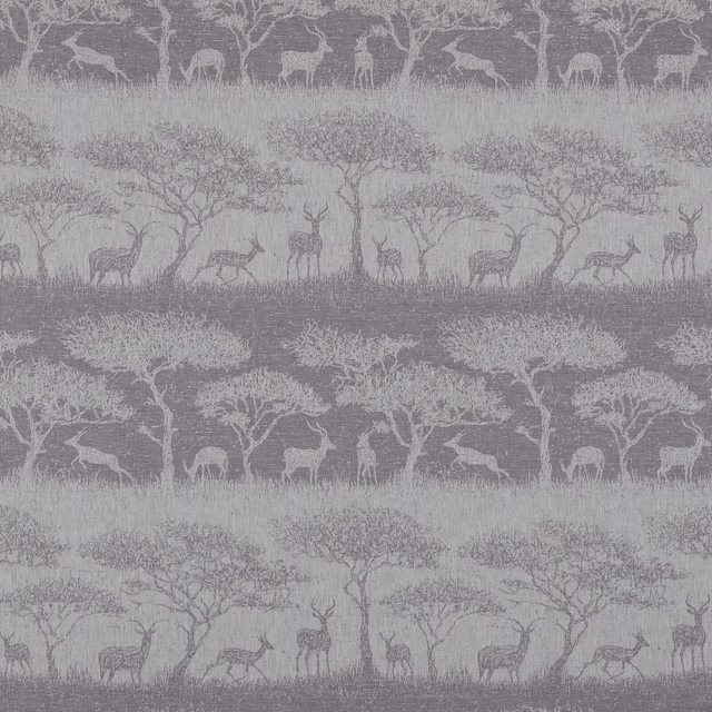Misty grey-lilac scenic fabric with deer and trees in horizontal bands
