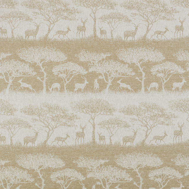 Ochre fabric swatch with ivory deer, trees and woodland motifs in horizontal bands