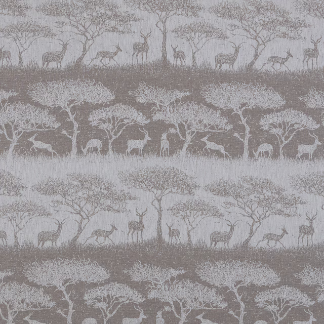 Tonal grey-brown drapery fabric with deer, trees and woodland bands