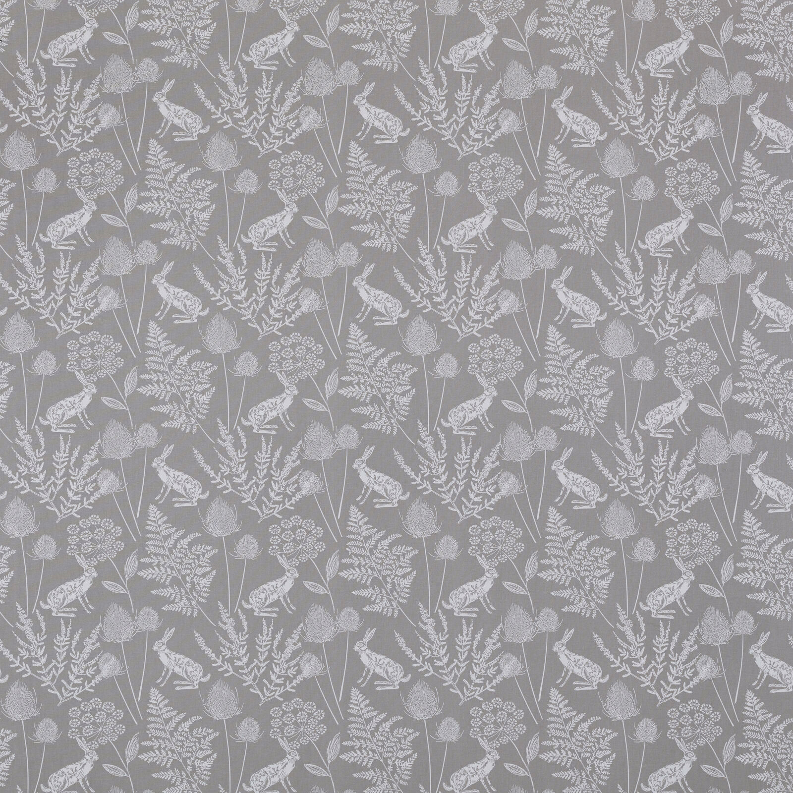 Grey cotton fabric with pale bird and botanical repeat on a dove-grey ground