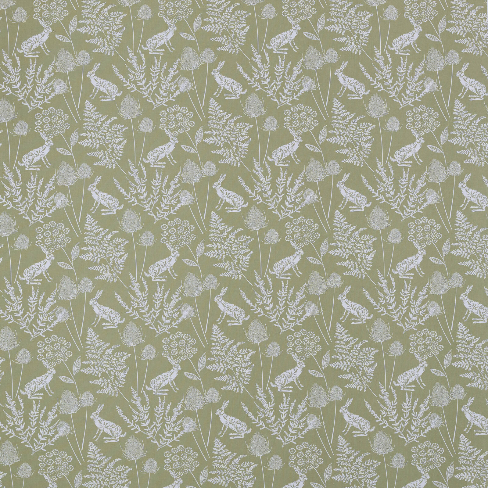Sage green cotton fabric with white deer and botanical print