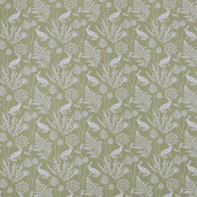 Sage green cotton fabric with white deer and botanical print