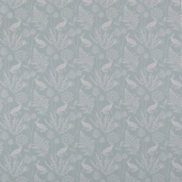 Seafoam blue cotton fabric with white birds and botanical motif