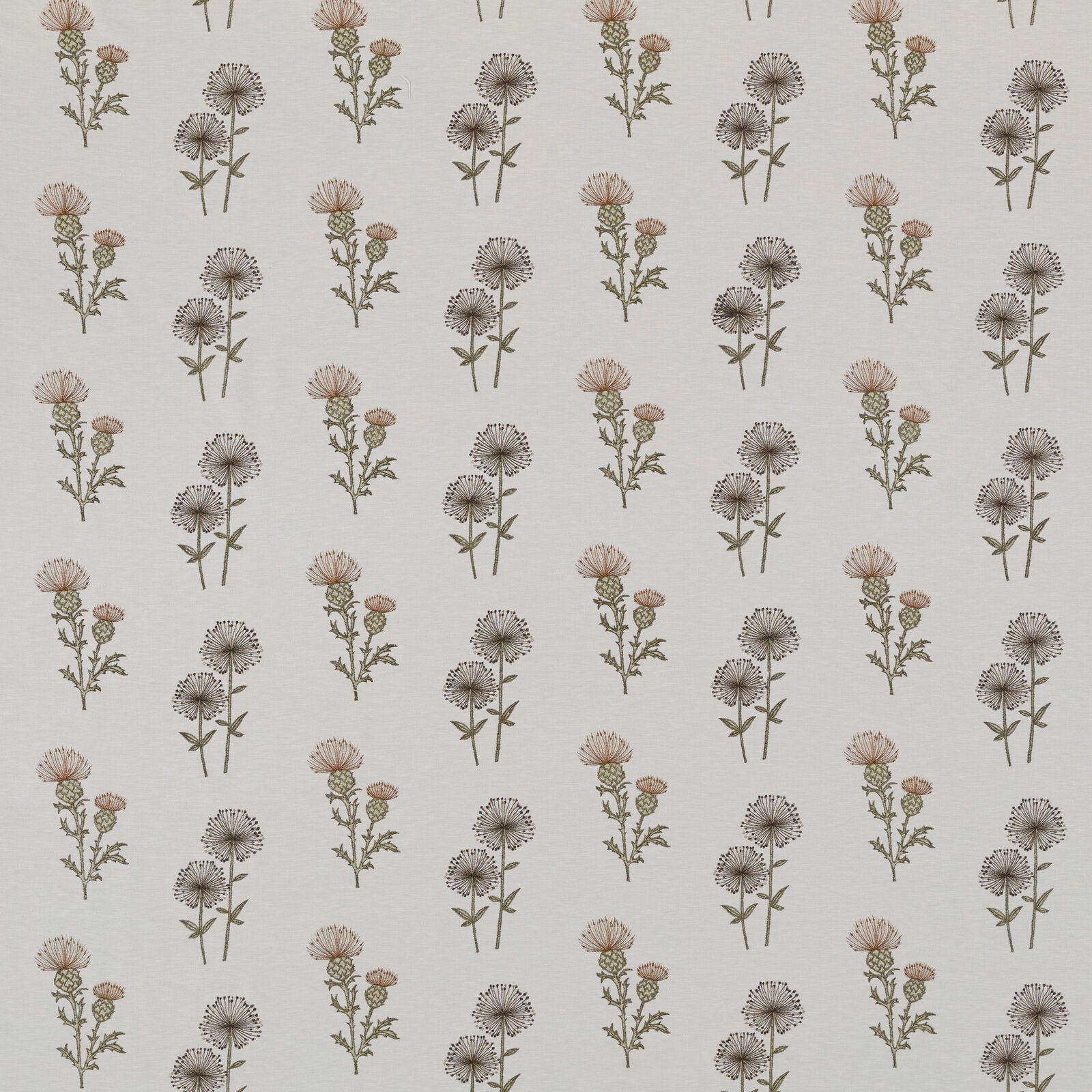 Pale beige botanical fabric with spaced caramel and sage floral stems