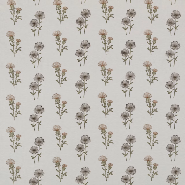 Pale beige botanical fabric with spaced caramel and sage floral stems