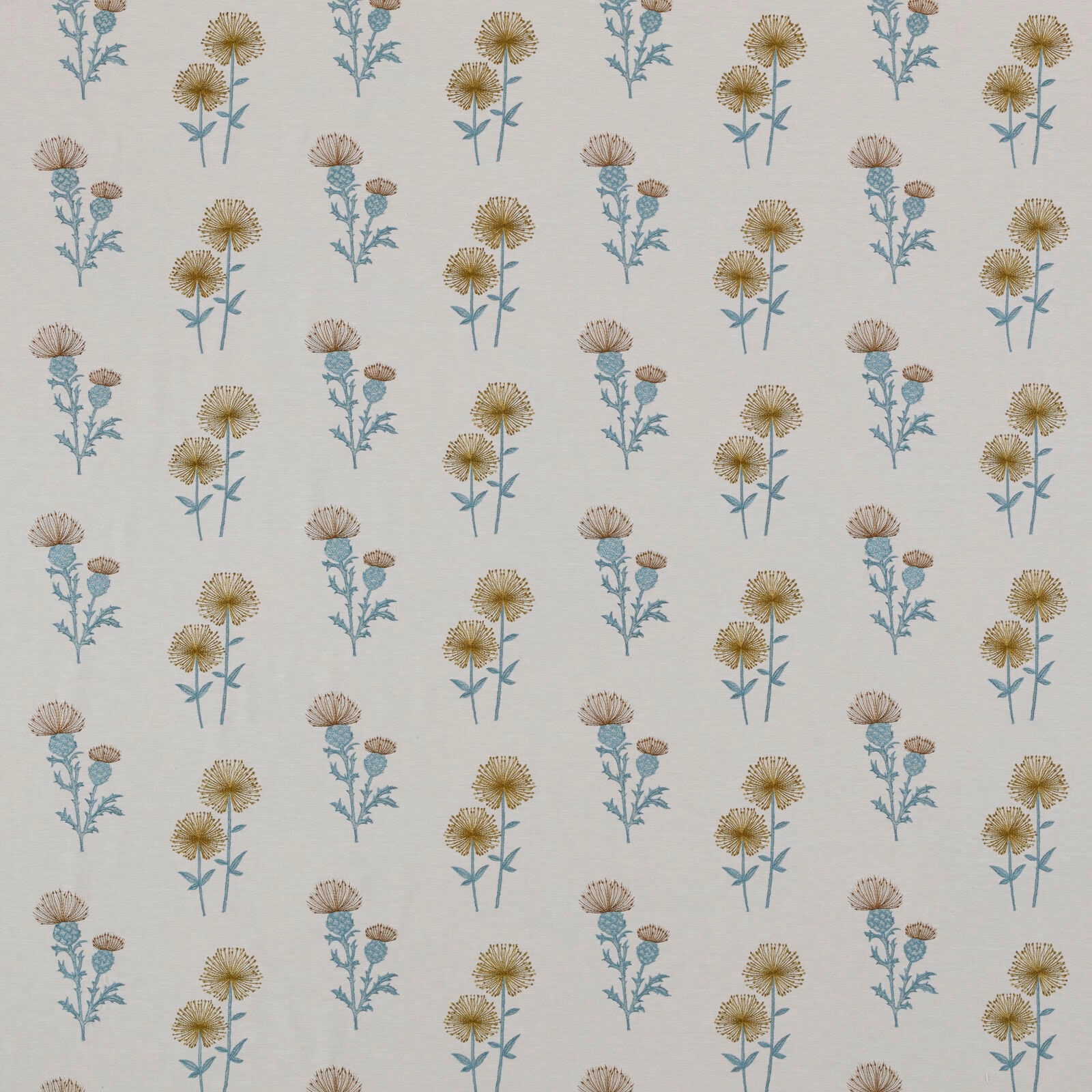Cream floral drapery swatch with turquoise stems and mustard flower heads