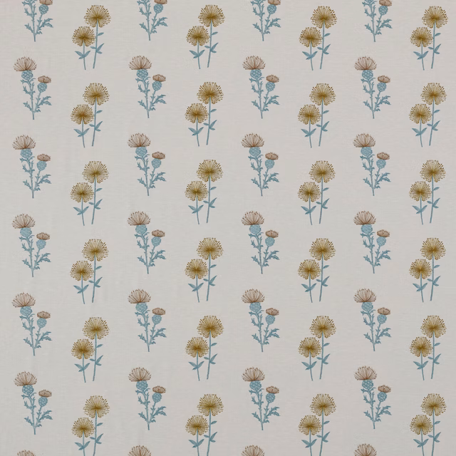 Cream floral drapery swatch with turquoise stems and mustard flower heads