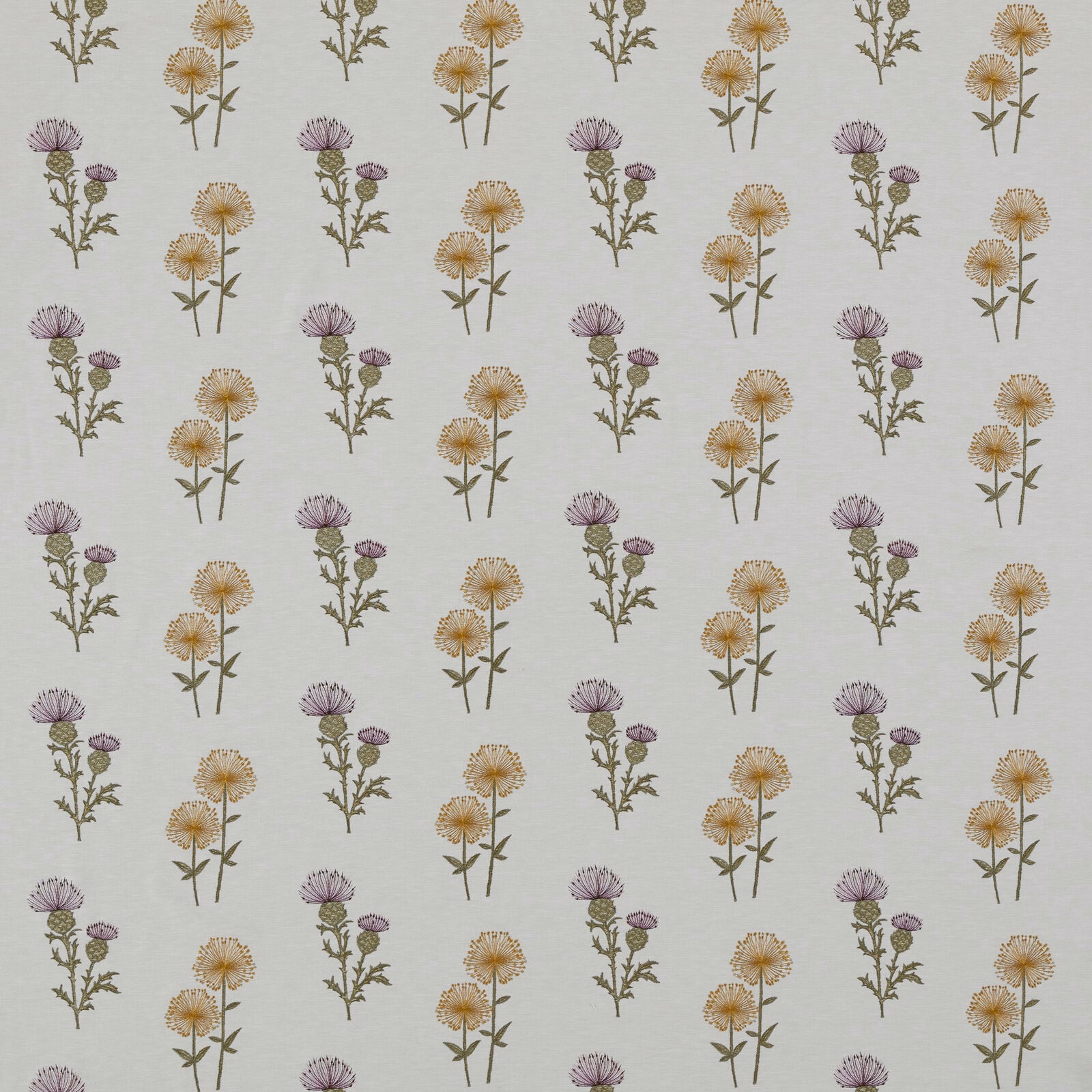 Cream fabric swatch with small spaced floral stems in heather purple and warm ochre
