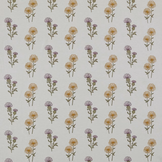 Cream fabric swatch with small spaced floral stems in heather purple and warm ochre