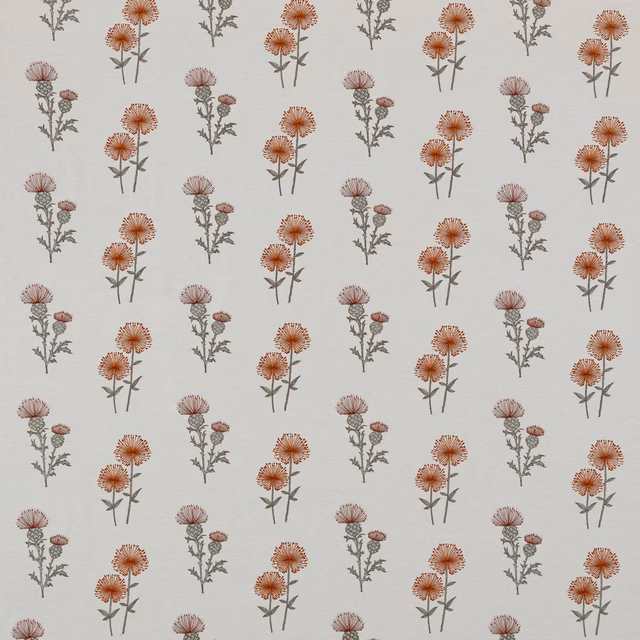 Cream fabric swatch with small saffron and blush botanical sprigs in a neat repeat