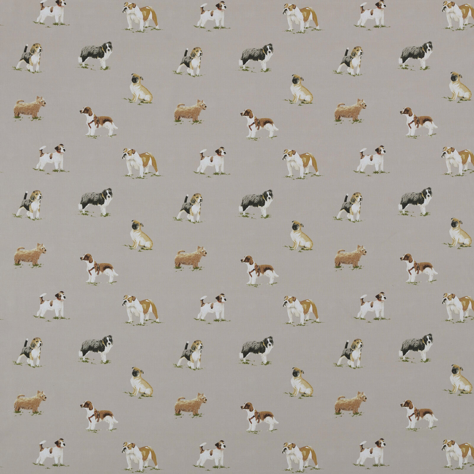 Swatch of caramel beige cotton fabric with small repeated painted dogs