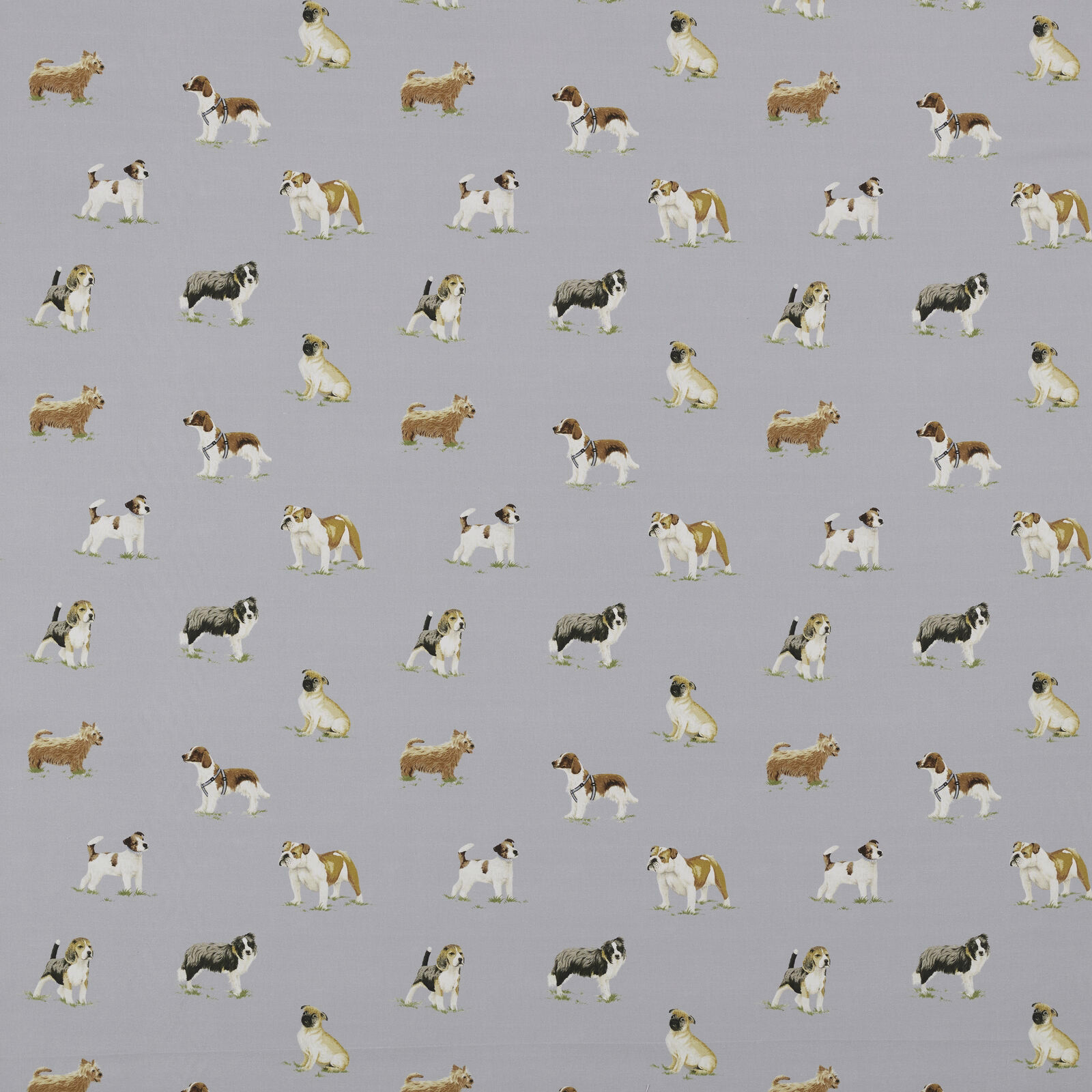Pale grey cotton fabric with small repeating dog motifs in brown, cream and black
