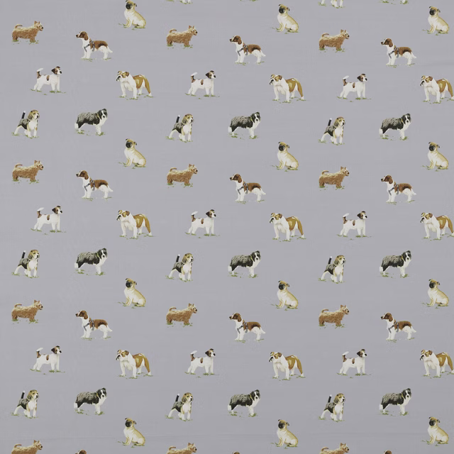 Pale grey cotton fabric with small repeating dog motifs in brown, cream and black