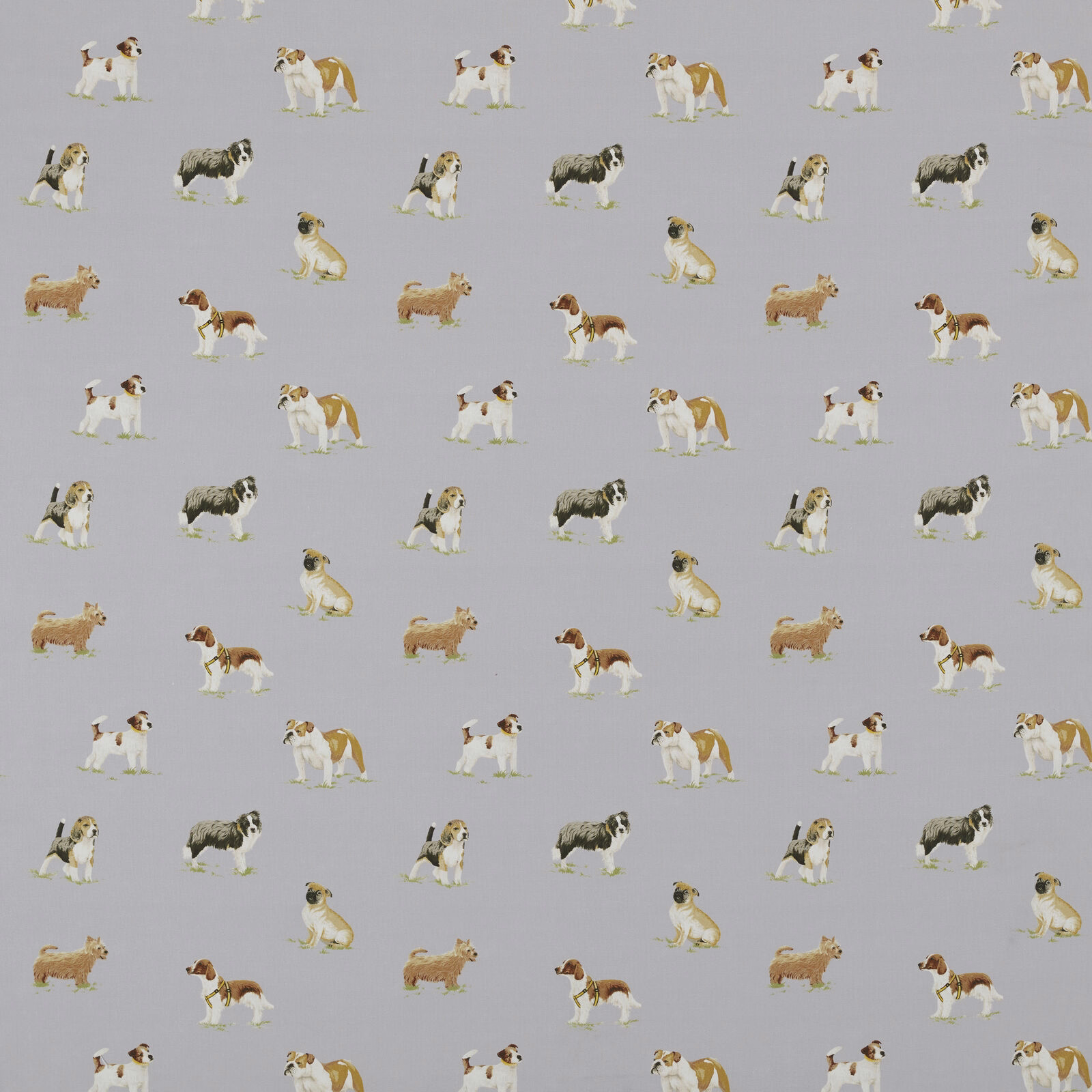 Light grey cotton fabric with small painted dog motifs scattered across the surface