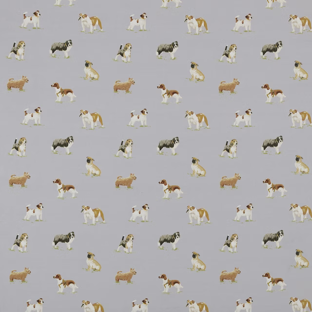 Light grey cotton fabric with small painted dog motifs scattered across the surface