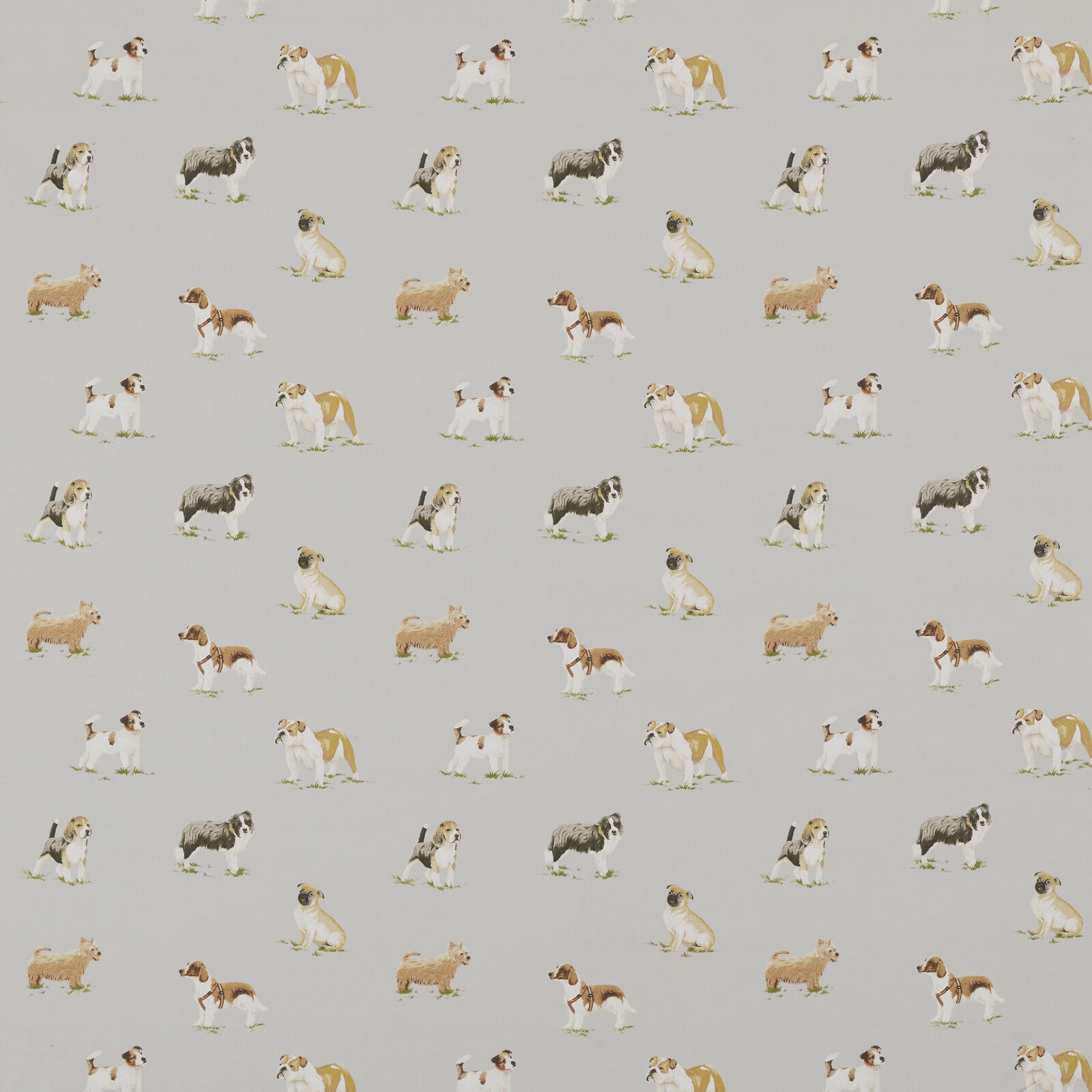 Small dog motif print on soft warm grey cotton fabric
