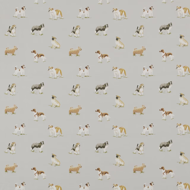 Small dog motif print on soft warm grey cotton fabric