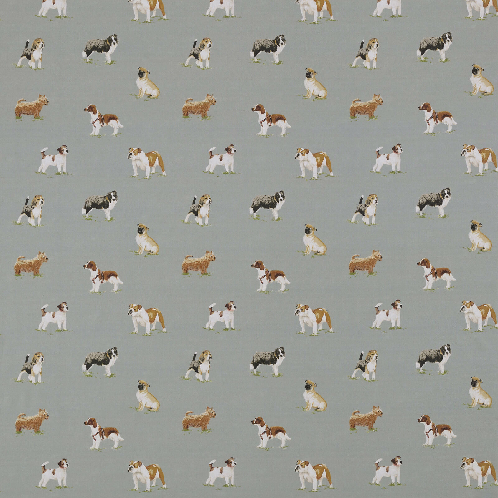 Sage green cotton fabric with scattered small dog illustrations