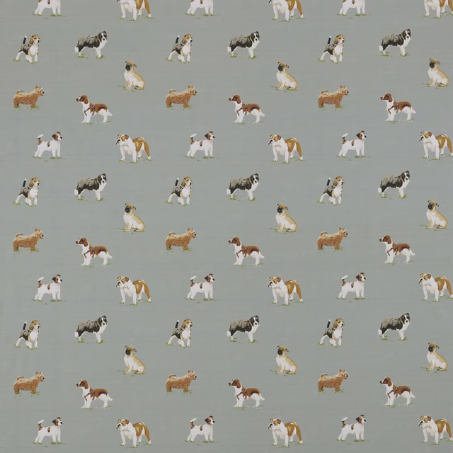 Sage green cotton fabric with scattered small dog illustrations