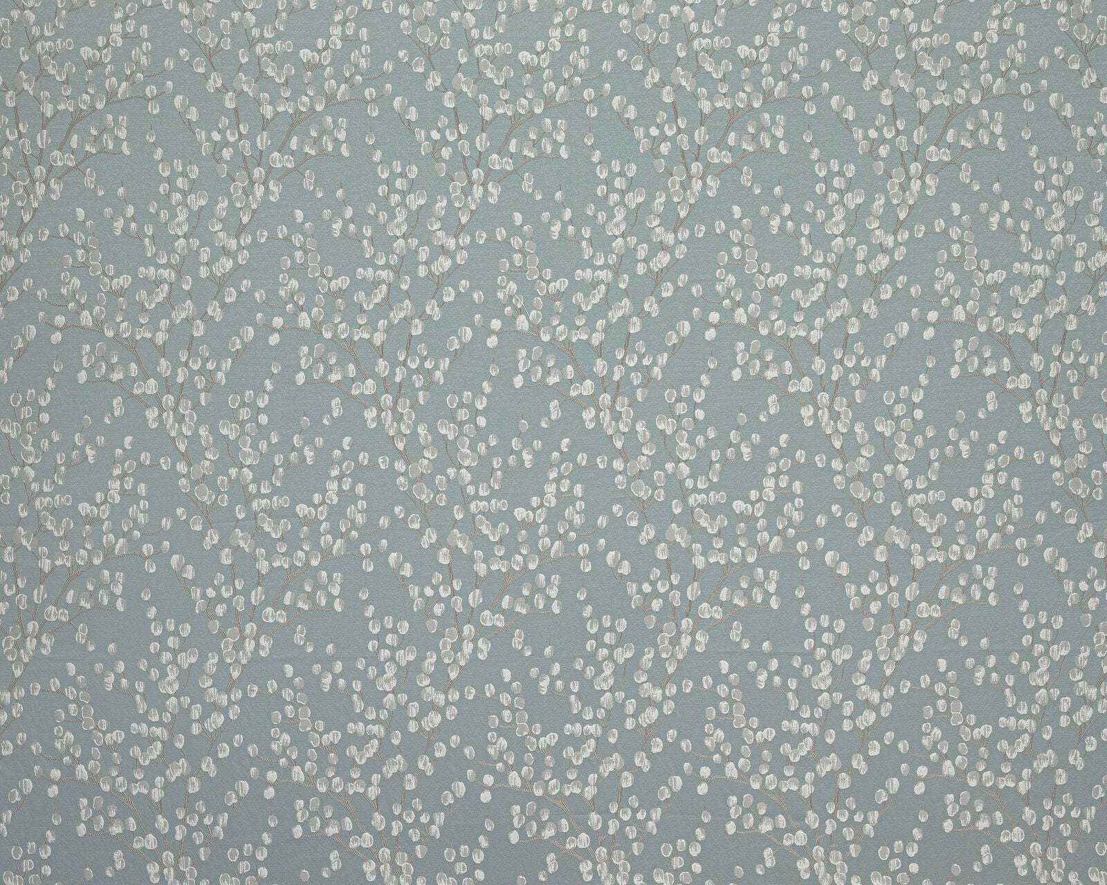 Soft mineral blue floral fabric with pale ivory leaf motifs